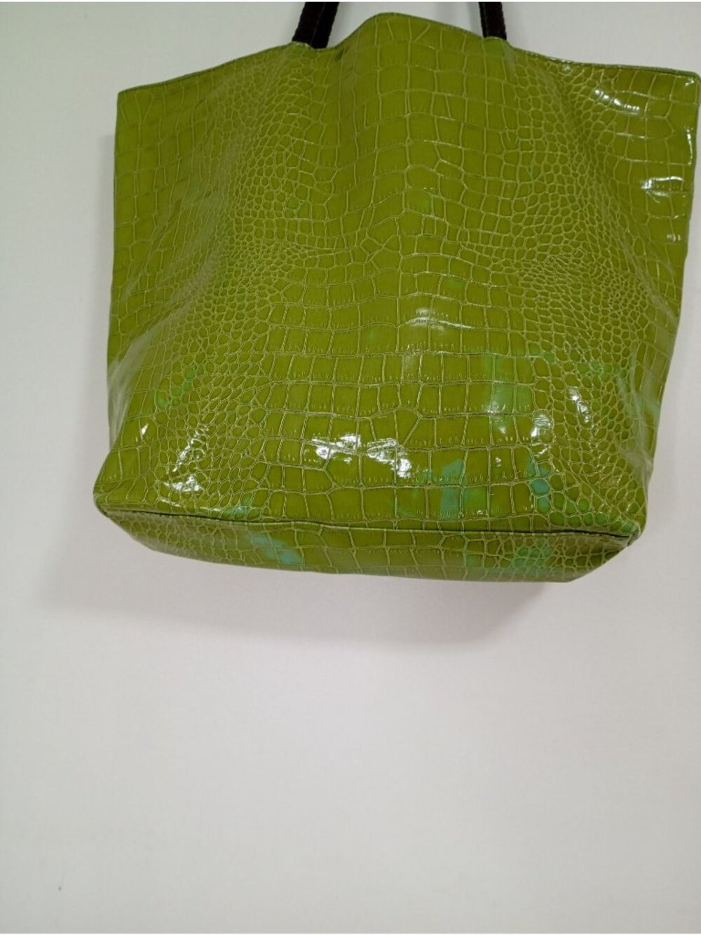 Neiman Marcus Green Croc-Embossed Vinyl Tote Bag With Brown Braided Handles - Picture 5 of 12